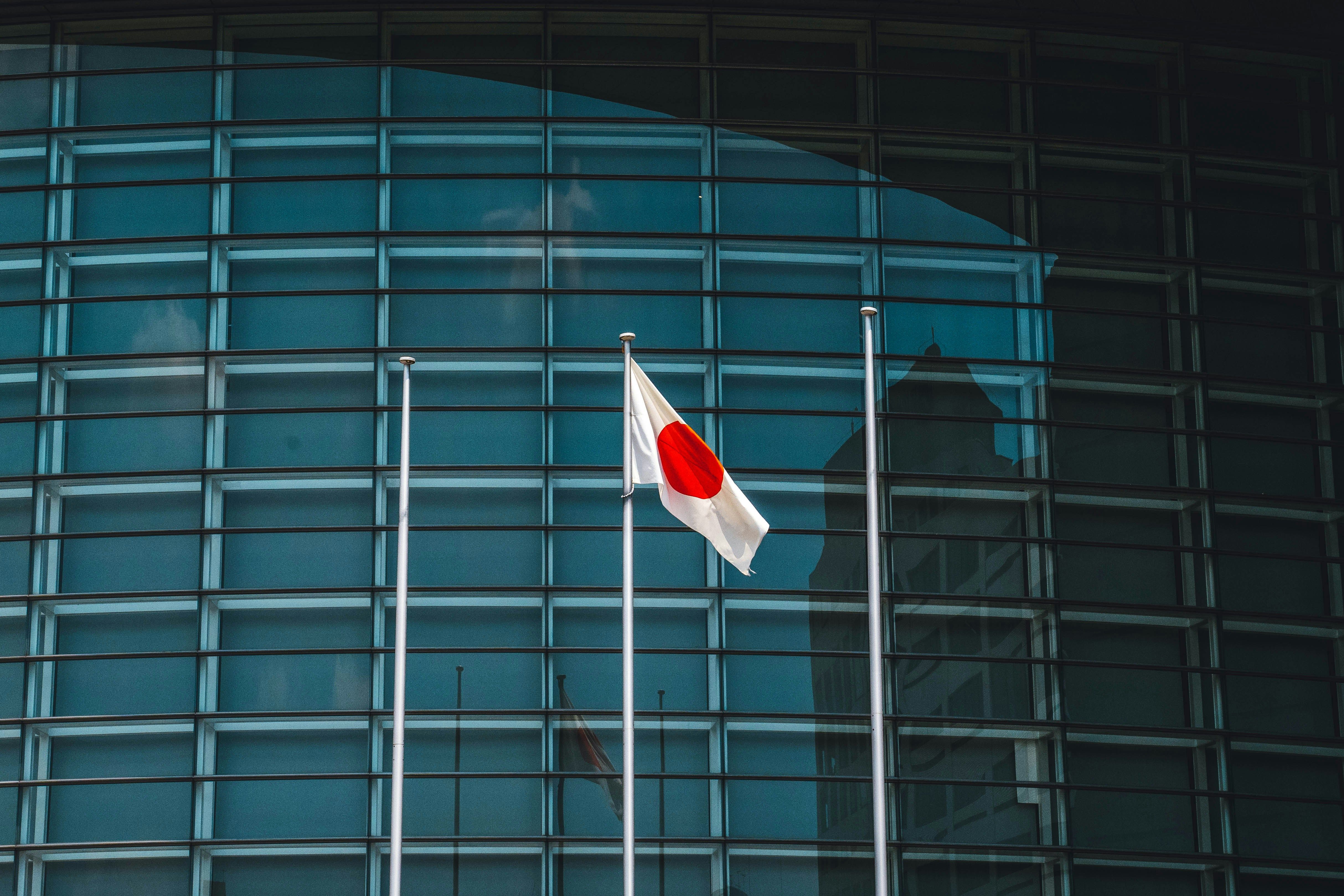 Image of Japanese flag in front of a building.  
